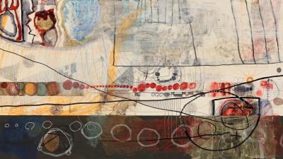 Abstract mixed-media painting on paper: bright colors, geometric shapes, lines, and circles on a light background.