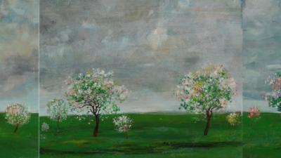 An expressive oil on canvas triptych, depicting a landscape with blooming trees under a cloudy sky.