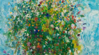 Impasto-style painting of a dense bouquet of colourful wildflowers against a bright blue background.