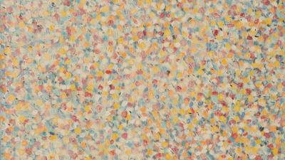 Abstract painting with dense yellow, cobalt, white, and red brushstrokes creating a vibrant, light-filled, shimmering texture.