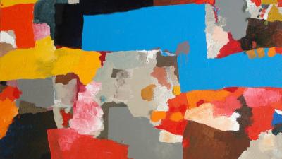 Abstract painting: a dynamic composition with bold, impasto strokes, dominated by red, yellow, black, and a blue rectangle.