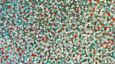 Abstract painting with dense red, white, and green brushstrokes creating a vibrant, light-filled, shimmering texture.