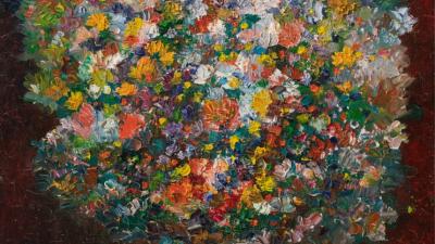 An expressive oil painting of a vibrant, textured flower bouquet in a teal vase, using thick impasto technique.