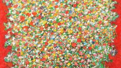 Painting of a dense bouquet of colourful wildflowers against a deep red background.