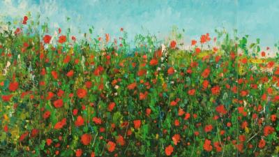 Painting of a blooming field with red poppies, green grass, and a blue sky, conveying a sense of calm.