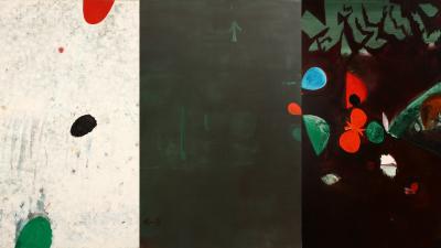 A painted triptych with three panels. Left: white with red, green, and black shapes. Center: dark green. Right: dark red with colourful blobs.