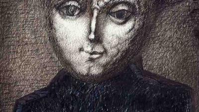 A stylized, monochromatic drawing of a man, created with heavy cross-hatching and shading on a dark background.