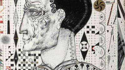 A detailed drawing of a man in profile, wearing an ornate hat and patterned clothes amidst a complex geometric background.