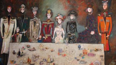 A mixed media collage depicting a family in traditional Georgian clothing gathered around a table with food.