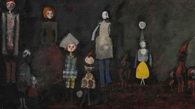 A collage in dark tones with a yellow accent, made in mixed media, depicting several stylized theatrical characters.