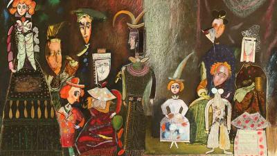 Colourful mixed-media collage  depicting stylized figures evoking a theatrical scene.