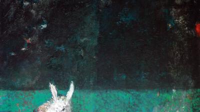 An expressionistic painting featuring a white pony with a saddle against a dark, textured green and black background.