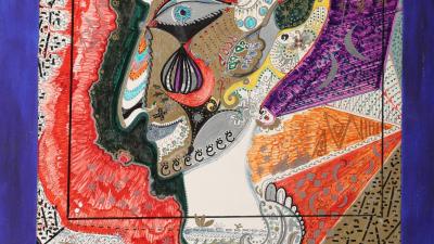 A vibrant, detailed portrait in mixed media. A face in profile is covered in intricate, colorful patterns.