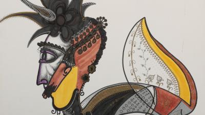 A vibrant mixed-media drawing of a fantastical creature with a human-like profile and a salamander-like body.