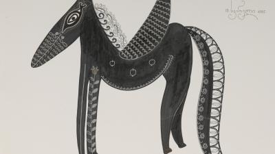 Stylized black horse drawing with ornate patterns on its body, mane, and tail.