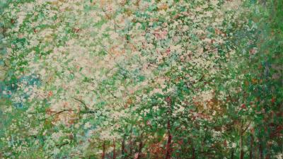 An impressionist oil painting of a cherry trees in full white blossom, with a forest of brown and green trees behind it.