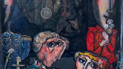 Surreal oil painting with vivid colours, theatrical figures and dolls on a dark background.