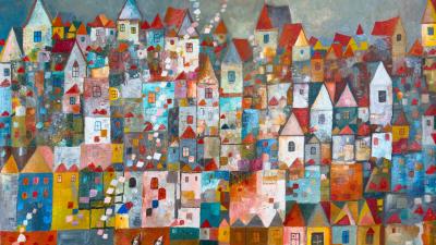 Oil painting of a whimsical cityscape with colourful houses, playful children, and lively details.
