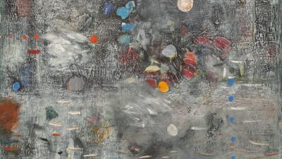 Textured abstract mixed-media painting on paper with muted grays and whites, featuring colourful dots and organic shapes.