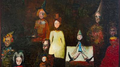 Pseudonaive oil painting of expressive figures in theatrical costumes on a deep, textured background.