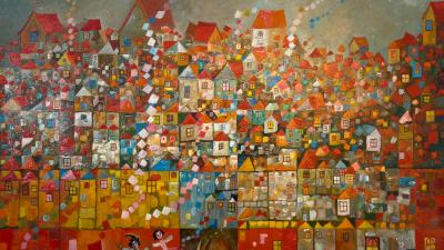 Oil painting of a whimsical cityscape with colourful houses, playful children, and lively details.