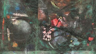 Dark, abstract mixed-media painting on paper with textured green, red, and blue elements, hints of white and orange.
