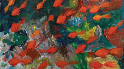Expressionist oil painting with red fish in motion over a vibrant, multicoloured backdrop.