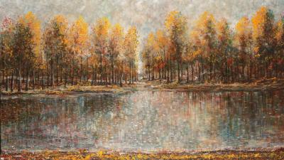 An expressive oil painting on canvas by a contemporary artist, depicting a river surrounded by autumn trees.