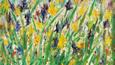 An impasto oil painting of a field of yellow and dark purple irises with long, textured green leaves.