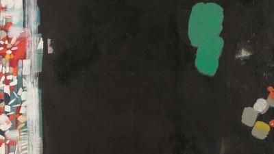 Abstract oil painting with a black central area, vibrant multicolored geometric patterns, and a prominent green shape.