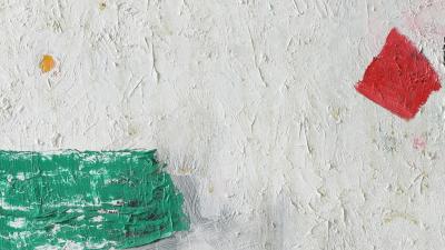 Abstract  painting with a predominantly white background and prominent red and green shapes.