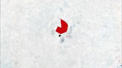 An expressive abstract painting featuring a small, irregular red shape on a large, textured white background.