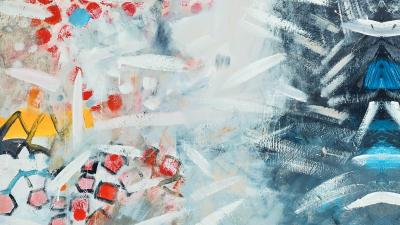 Abstract painting with red dots, blue and white strokes, and geometric shapes creating a dynamic textured scene.