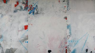 Abstract painting triptych with white ground, red and blue accents, and geometric forms.
