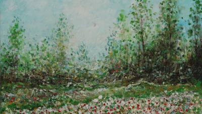 An impressionistic oil painting showing a field of colourful flowers with trees and a light blue sky in the background.