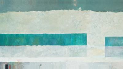 Abstract painting with horizontal stripes. Shades of white, gray, and turquoise. Minimalist.