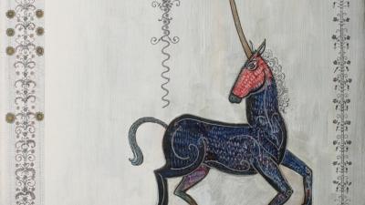 Art on paper showing a stylized dark blue unicorn with a red face under a circular, cosmic tree design.