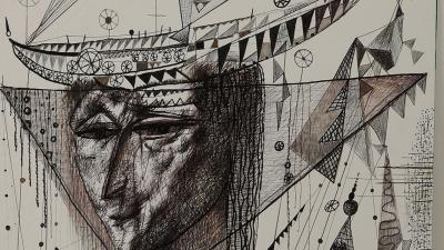 Detailed ink drawing: a face with dark, hollow eyes is drawn beneath a fantastical ship with patterned sails.