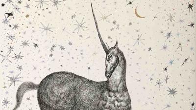 A stylized drawing of a unicorn standing on a patterned hill under a sky full of intricate stars.
