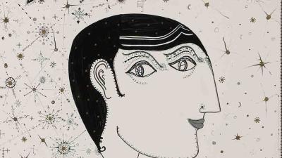 A stylized portrait of a man in profile with a geometric haircut, wearing a patterned robe and holds out two red hands.