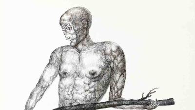 A highly detailed cross-hatching drawing of a muscular centaur holding a staff on a rugged, patterned terrain.