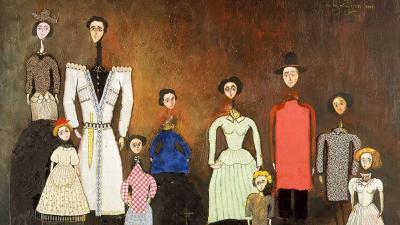 A theatrical scene of a family in Georgian dress, stylized in a naïve aesthetic by a highly skilled professional artist.