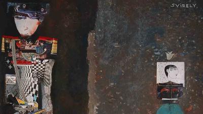 Collage on paper depicting stylized figures of a man with a sword and  aiguillettes and a woman in a long cobalt skirt.