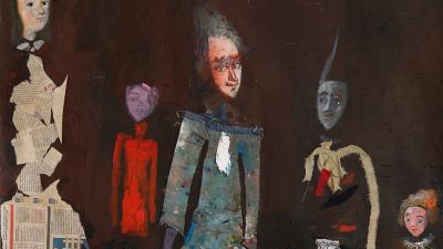 A mixed-media collage with eight stylized figures in theatrical costumes, set against a dark, textured background.