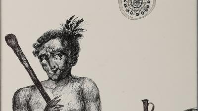 A detailed, cross-hatching drawing of a centaur holding a staff and a jug, with a moon and sun above.