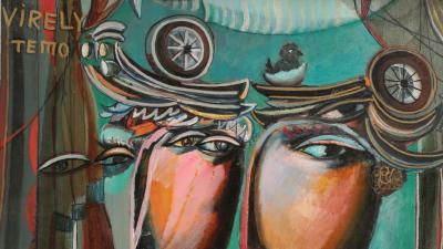 A colorful painting of a figure in an elaborate military-style uniform with a decorative hat, shown in two profiles.