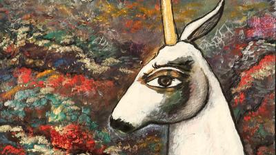 Painting: white unicorn with a long horn against a blue night sky and colorful landscape. Crescent moon in the upper corner.